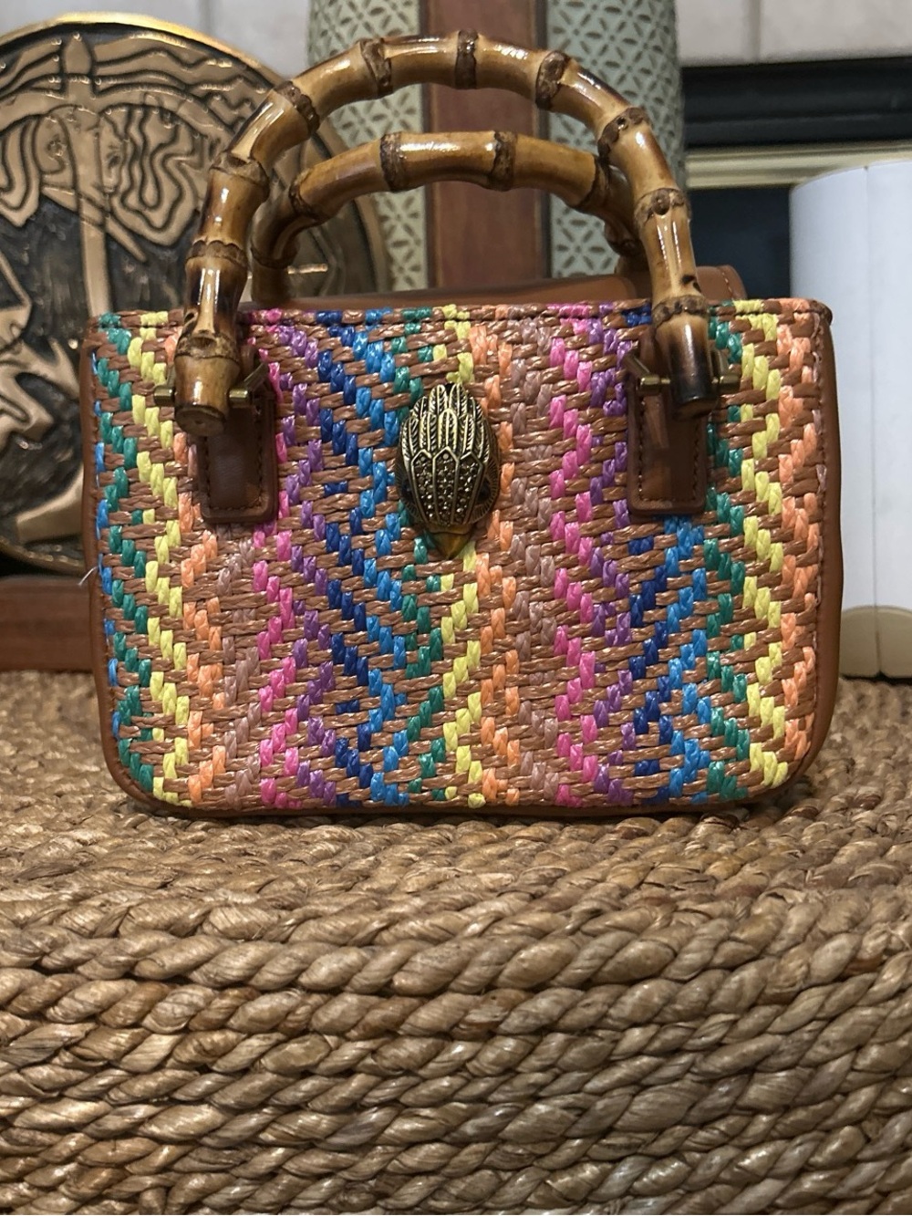 Kurt Geiger Multicolor Woven Straw Handbag with Bamboo Handles